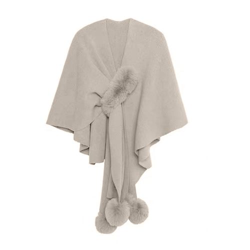 Cape Châle Pour Femmes, Col En V, Couleur Unie, Décor De Boule En Peluche, Design Croisé, Châle En Tricot Chaud Et Polyvalent, Vêtements De Transport Quotidiens-Beige