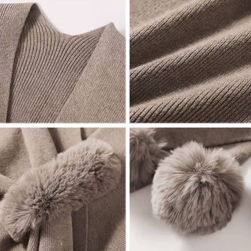 Cape Châle Pour Femmes, Col En V, Couleur Unie, Décor De Boule En Peluche, Design Croisé, Châle En Tricot Chaud Et Polyvalent, Vêtements De Transport Quotidiens-Kaki