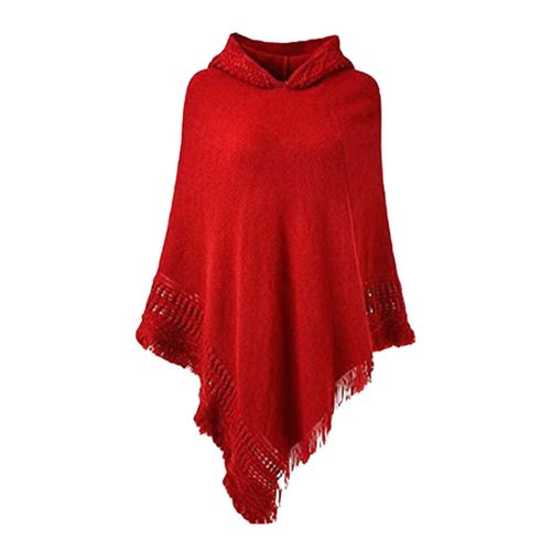 Femmes Pull Châle À Capuche Gland Garniture Couleur Unie Coupe Ample Tricot Chaud Enveloppement Automne Hiver Pull Châle Veste-Rouge