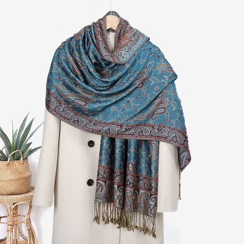 Écharpe Pour Femmes, Châle Imprimé De Fleurs De Cajou, Avec Pompon, Décoration Quotidienne, Rendez-Vous De Rue, Vacances, Châle Texturé Doux-Cyan