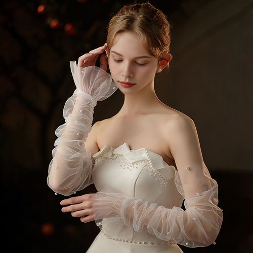 1 Paire De Couvre-Bras De Bal De Promo Pour Femmes, Dentelle Transparente, Décor De Fausses Perles, Volants Fins Plissés, Sans Doigts, Style Littéraire, Performances, Mariée, Mariage, Accessoire Photo, Manchettes De Bras