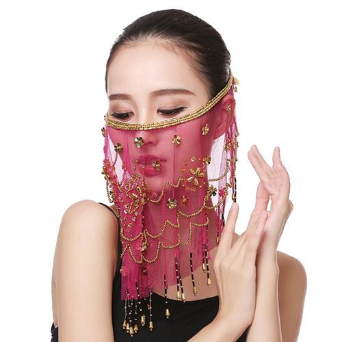 Voile De Performance En Dentelle Transparente Avec Paillettes Et Perles Décoratives Pour Le Visage Tribal - Tissu Respirant - Sangle Réglable - Voile De Danse Indien - Accessoire De Costume D'halloween-Rose Rouge