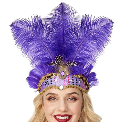 Serre-Tête En Plumes Avec Strass Et Paillettes, Coiffure De Carnaval Élastique Pour Femmes, Coiffure De Festival Légère-Violet