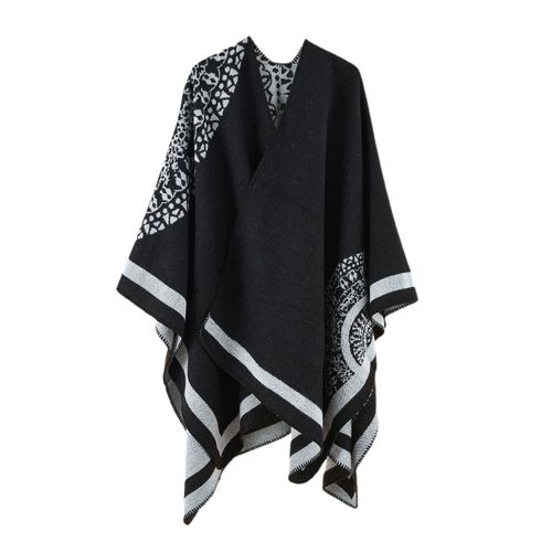 Manteau Poncho Épais En Patchwork Imitation Cachemire Pour Femme, Manteau Cape Doux Au Toucher Pour Temps Froid-Blanc