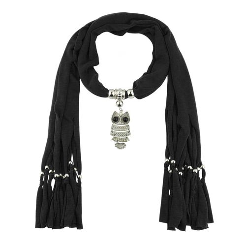 Écharpe Longue À Franges De Couleur Unie Pour Femmes, Pendentif Hibou Rétro, Collier Écharpe, Accessoires De Costume-Noir