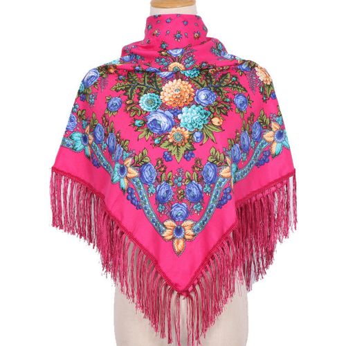 Châle Imprimé Floral De Style Éthique À Franges, Élégant, Doux Et Chaud, Automne Hiver, Femmes Âgées D'âge Moyen, Couverture Carrée, Écharpe Enveloppante Pour Le Cou-Rose Rouge
