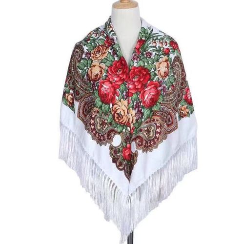 Écharpe Châle Rétro De Style Ethnique Avec Pompon, Imprimé Floral, Chaud, Carré, À Franges, Pour Fête De Mariage, Automne Et Hiver-Blanc
