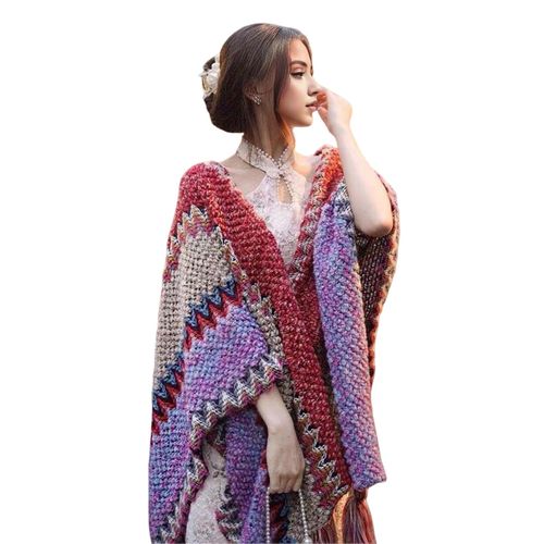 Châle en tricot pour femmes, Style ethnique, cape de couleur en Patchwork avec décor de réfrigérateur, châle drapé, accessoire pour robe de Cocktail-J.