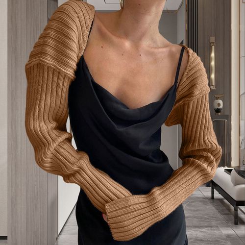 Femmes Pull Châle À Manches Longues Couleur Unie Automne Hiver Tricot Châle Extra Court Respirant Pull Enveloppement-Chameau
