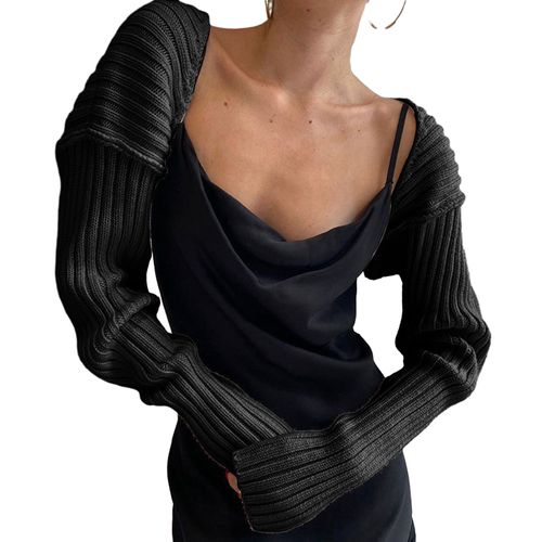 Femmes Pull Châle À Manches Longues Couleur Unie Automne Hiver Tricot Châle Extra Court Respirant Pull Enveloppement-Noir