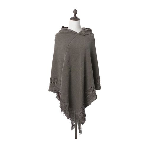 Femmes Cape Châle À Capuche Gland Décoration Imitation Cachemire Tricot Cape Automne Hiver Couleur Unie Décontracté Cape Pull-Gris