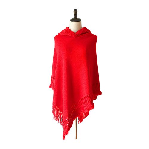 Femmes Cape Châle À Capuche Gland Décoration Imitation Cachemire Tricot Cape Automne Hiver Couleur Unie Décontracté Cape Pull-Rouge