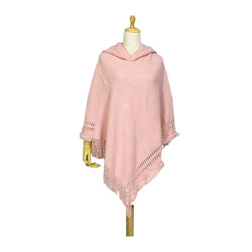 Femmes Cape Châle À Capuche Gland Décoration Imitation Cachemire Tricot Cape Automne Hiver Couleur Unie Décontracté Cape Pull-Rose