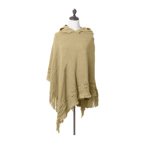 Femmes Cape Châle À Capuche Gland Décoration Imitation Cachemire Tricot Cape Automne Hiver Couleur Unie Décontracté Cape Pull-Kaki
