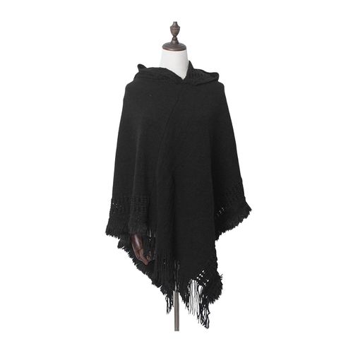 Femmes Cape Châle À Capuche Gland Décoration Imitation Cachemire Tricot Cape Automne Hiver Couleur Unie Décontracté Cape Pull-Noir