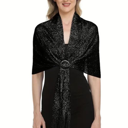 Femmes Robe Châle Avec Gland Frange Fil Métallique Décoration Robes De Soirée Enveloppes Pour Femmes Avec Boucle Vêtements De Fête De Mariage-Boucle Noire