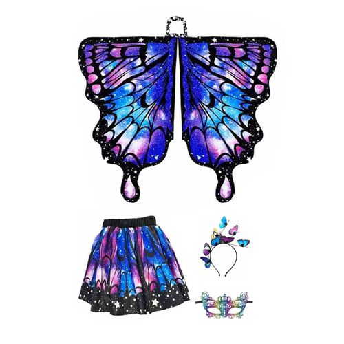 Cape Papillon Pour Enfants, Déguisement D'aile De Fée Colorée Avec Manches Flottantes, Ourlet Superposé, Jupe De Carnaval, Accessoire De Photographie D'halloween, Masque Bandeau-L Bleu 4pcs