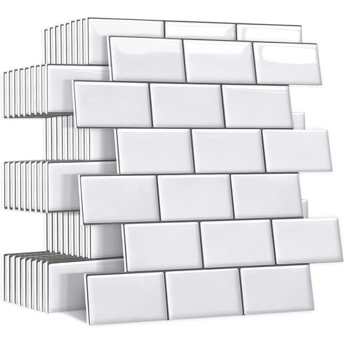 (Blanc) 10 pièces de crédence adhésive épaisse pour cuisine et salle de bain, faux carreaux muraux adhésifs, crédence de cuisine blanche adhésive, carrelage mural adhésif en PVC 3D imperméable Metro