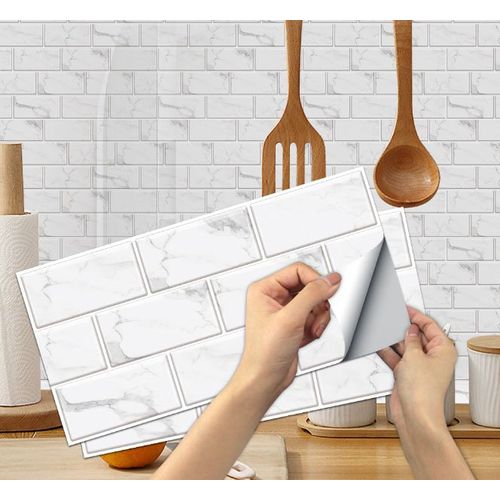 Lot de 6 autocollants pour carrelage de cuisine (blanc), autocollants imperméables en PVC, autocollants muraux pour salle de bain et cuisine