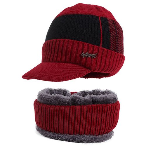Ensemble Bonnet Et Écharpe À Visière Pour L'hiver, Bonnet En Tricot Doublé Polaire, Bonnet D'extérieur Rouge