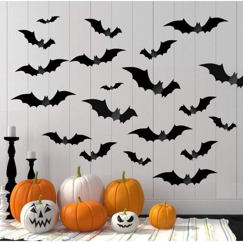 Décorations d'intérieur et d'extérieur pour fête d'Halloween, lot de 60 autocollants muraux réutilisables en PVC 3D en forme de chauve-souris d'horreur