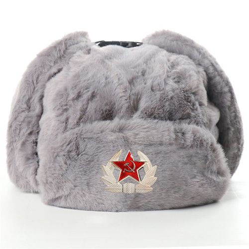 Chapeau De Trappeur Russe Avec Insigne Soviétique En Fausse Fourrure Ushanka Chapeau Cosaque Taille Unique Gris