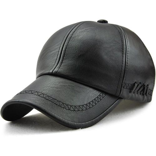 Casquette De Baseball En Cuir Pour Homme, Ajustable, Sport, Bonnet Plat, Noir