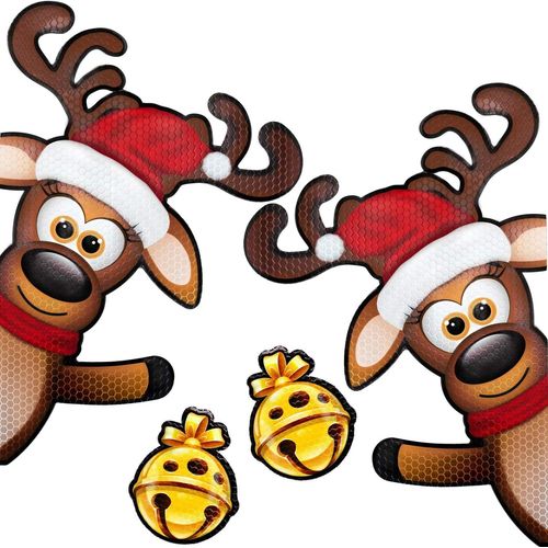 Kit De 4 Rennes Magnétiques Réfléchissants Xl Pour Voiture ¿ Décorations De Noël Amusantes Pour Voiture + 2 Aimants Jingle Bells ¿ Aimant Pour Voiture De Vacances (Renne Ondulant)