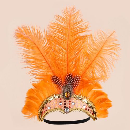 Serre-Tête En Plumes Avec Strass Et Paillettes, Coiffure De Carnaval Élastique Pour Femmes, Coiffure De Festival Légère-Orange
