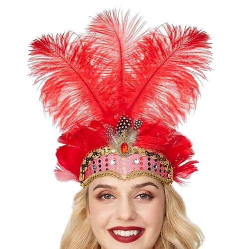 Serre-Tête En Plumes Avec Strass Et Paillettes, Coiffure De Carnaval Élastique Pour Femmes, Coiffure De Festival Légère-Rouge