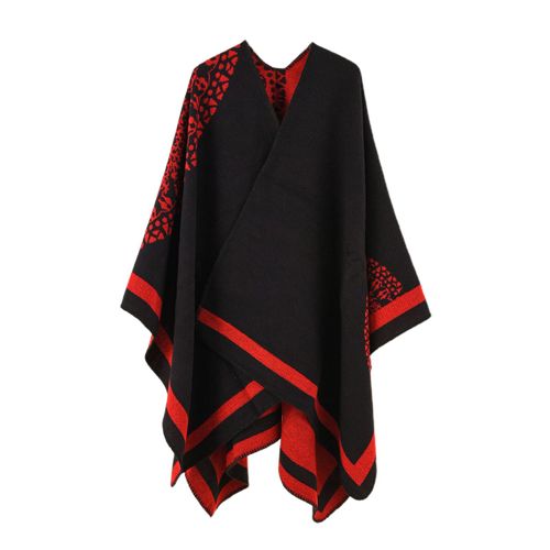 Manteau Poncho Épais En Patchwork Imitation Cachemire Pour Femme, Manteau Cape Doux Au Toucher Pour Temps Froid-Rouge