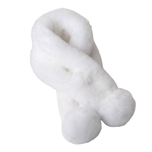 Écharpe Croisée En Fausse Fourrure De Lapin, Pompons Épais Et Pelucheux, Doux, Résistant Au Froid, Couleur Unie, Automne Hiver, Cache-Cou Pour Femme, Écharpe Pour L'extérieur-Blanc