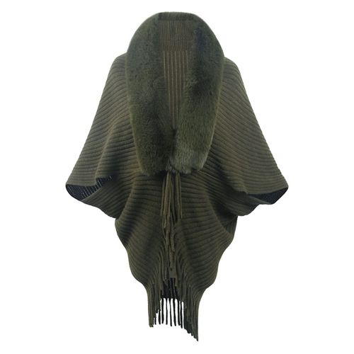 Femmes Hiver Châle Tricoté Épais En Peluche Gland Point Ouvert Cardigan Fausse Fourrure Couleur Unie Protection Du Cou Coupe-Vent Ponchos Fête Bal Cape-Vert