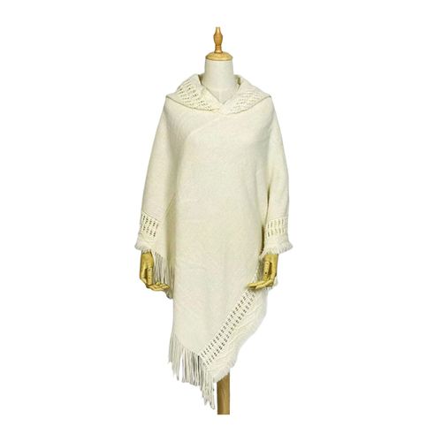 Femmes Cape Châle À Capuche Gland Décoration Imitation Cachemire Tricot Cape Automne Hiver Couleur Unie Décontracté Cape Pull-Beige