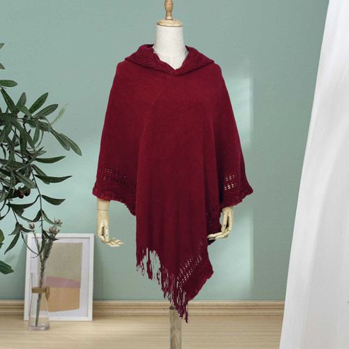 Femmes Cape Châle À Capuche Gland Décoration Imitation Cachemire Tricot Cape Automne Hiver Couleur Unie Décontracté Cape Pull-Vin Rouge