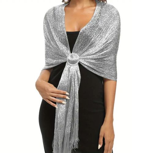 Femmes Robe Châle Avec Gland Frange Fil Métallique Décoration Robes De Soirée Enveloppes Pour Femmes Avec Boucle Vêtements De Fête De Mariage-Boucle Argentée