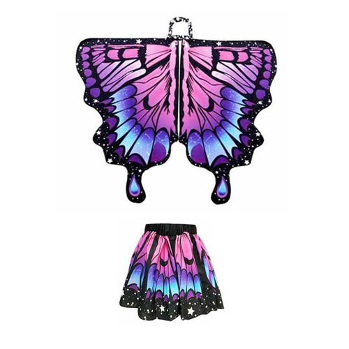 Cape Papillon Pour Enfants, Déguisement D'aile De Fée Colorée Avec Manches Flottantes, Ourlet Superposé, Jupe De Carnaval, Accessoire De Photographie D'halloween, Masque Bandeau-L Rose Violet 2pcs