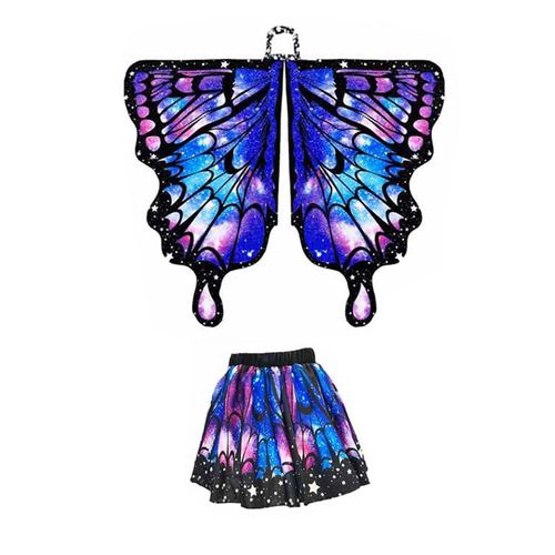 Cape Papillon Pour Enfants, Déguisement D'aile De Fée Colorée Avec Manches Flottantes, Ourlet Superposé, Jupe De Carnaval, Accessoire De Photographie D'halloween, Masque Bandeau-L Bleu 2 Pièces