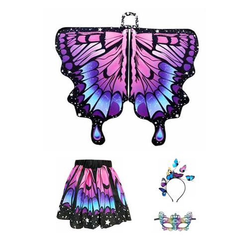 Cape Papillon Pour Enfants, Déguisement D'aile De Fée Colorée Avec Manches Flottantes, Ourlet Superposé, Jupe De Carnaval, Accessoire De Photographie D'halloween, Masque Bandeau-L Rose Violet 4pcs
