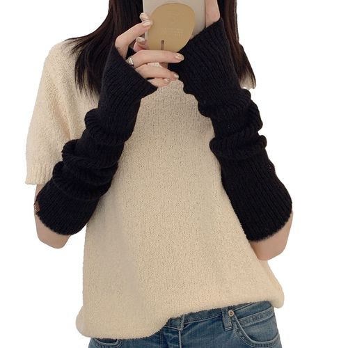 1 Paire De Manchettes De Couleur Unie, Conception De Trou De Pouce, Nervuré Épais, Tricot D'hiver, Mitaines Sans Doigts, Accessoires De Costume-Noir