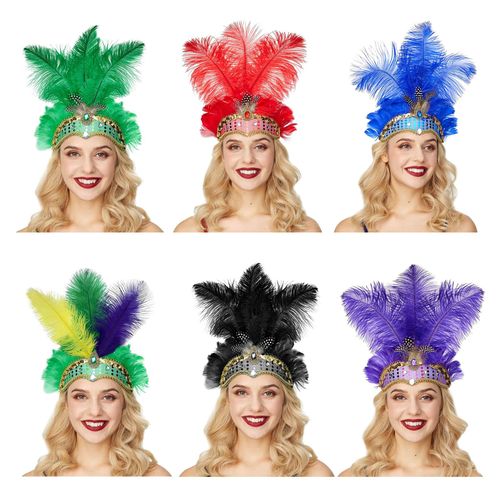 Serre-Tête En Plumes Avec Strass Et Paillettes, Coiffure De Carnaval Élastique Pour Femmes, Coiffure De Festival Légère-Multicolore