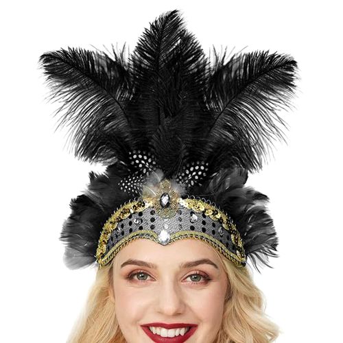 Serre-Tête En Plumes Avec Strass Et Paillettes, Coiffure De Carnaval Élastique Pour Femmes, Coiffure De Festival Légère-Noir