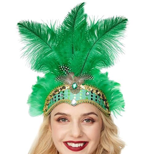Serre-Tête En Plumes Avec Strass Et Paillettes, Coiffure De Carnaval Élastique Pour Femmes, Coiffure De Festival Légère-Vert