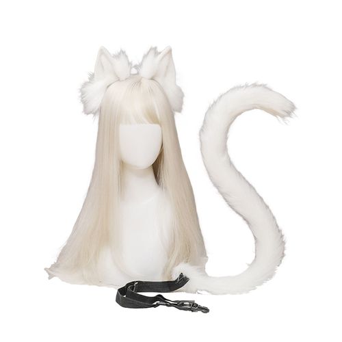 2 Pièces/Ensemble Oreilles De Chat Queue Ensemble Adultes Enfants Chat Oreille Bandeau Réglable Taille Ceinture Chat Queue Accessoires Ensemble Accessoires De Costume-Blanc