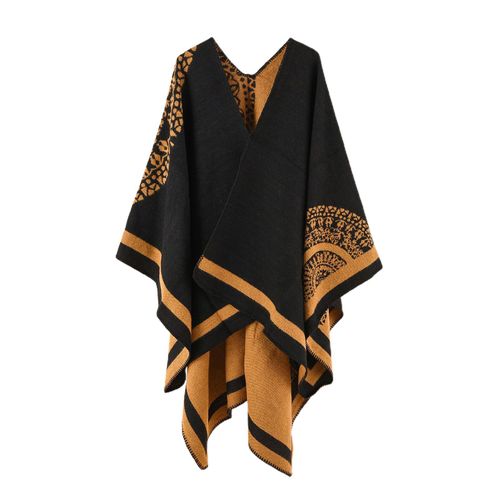 Manteau Poncho Épais En Patchwork Imitation Cachemire Pour Femme, Manteau Cape Doux Au Toucher Pour Temps Froid-Jaune