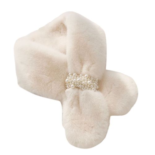 Écharpe Croisée En Fausse Perle, Boucle Épaisse, Résistante Au Froid, En Fausse Fourrure De Lapin Pour Femmes, Écharpe De Col Pour La Randonnée-Blanc