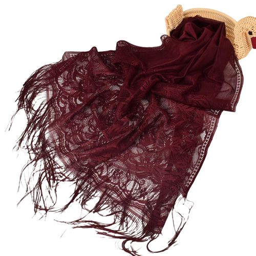 Châle D'été En Maille Transparente Pour Femmes, Pompon Fin, Couleur Unie, Dentelle Décorative Douce, Accessoire De Vêtements Malaisiens Pour Femmes-Vin Rouge