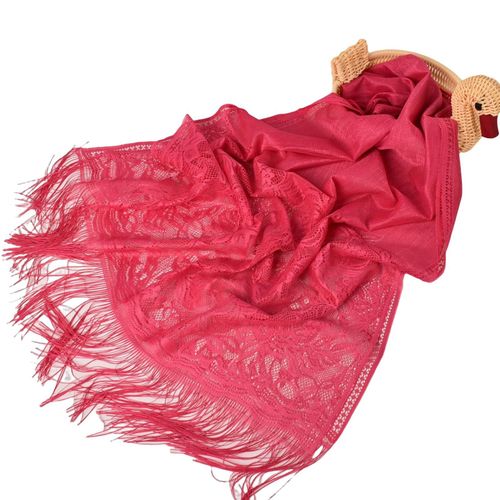 Châle D'été En Maille Transparente Pour Femmes, Pompon Fin, Couleur Unie, Dentelle Décorative Douce, Accessoire De Vêtements Malaisiens Pour Femmes-Pastèque Rouge