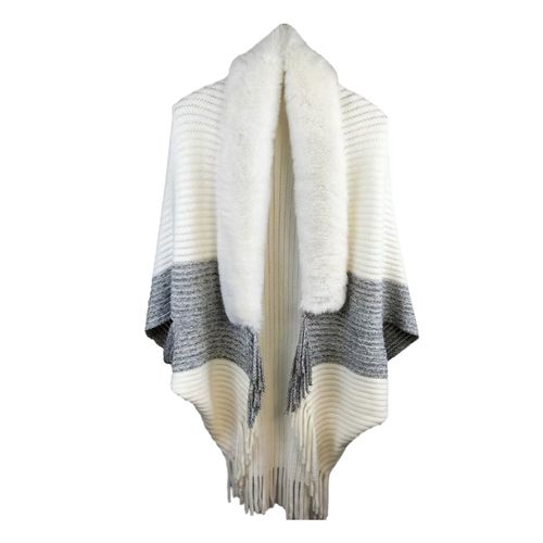 Femmes Hiver Châle Tricoté Épais En Peluche Gland Point Ouvert Cardigan Fausse Fourrure Couleur Unie Protection Du Cou Coupe-Vent Ponchos Fête Bal Cape-Blanc