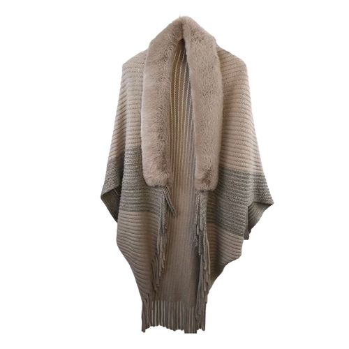 Femmes Hiver Châle Tricoté Épais En Peluche Gland Point Ouvert Cardigan Fausse Fourrure Couleur Unie Protection Du Cou Coupe-Vent Ponchos Fête Bal Cape-Café Léger